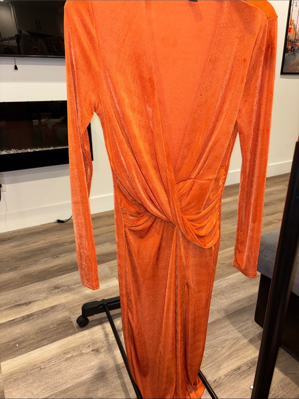 SHEIN deep plunge formal Orange Twist-Front long Dress